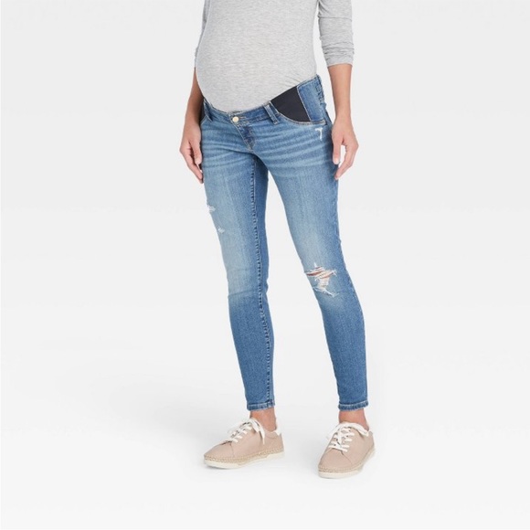 INGRID & ISABEL Womens Blue Distressed Pocketed Crossover Belly Panel Skinny Jeans main image 0